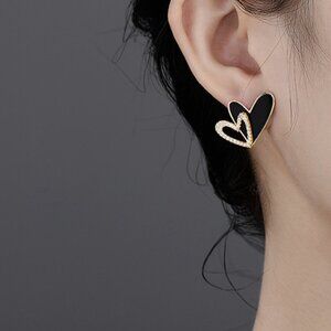 3/$35 Double Heart Ear Studs Earrings Black Silver Rhinestone Crystal Diamond